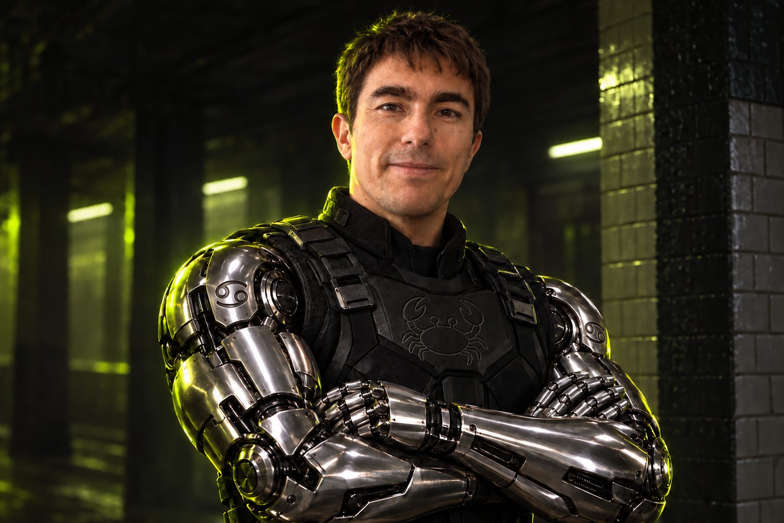 Nick Shook, Esq. in chrome armor with a Ferris Rust crab chest emblem and Cancer zodiac symbols on both sleeves