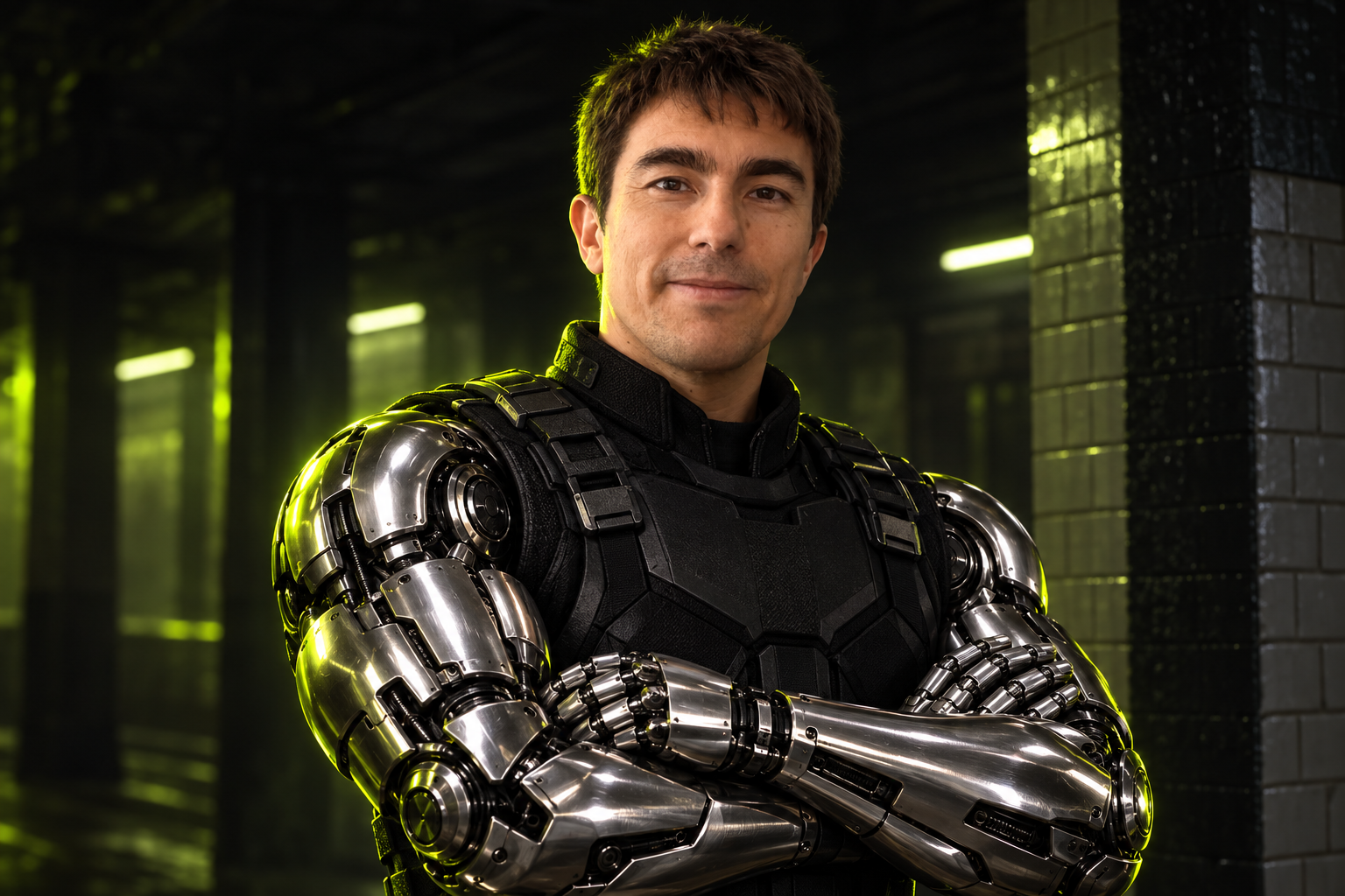 CyberInjuryLaw campaign portrait with chrome cybernetic arms