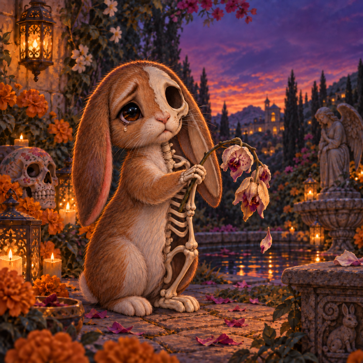 A weeping rabbit, half skeleton, holds a wilting orchid in a candlelit garden at dusk