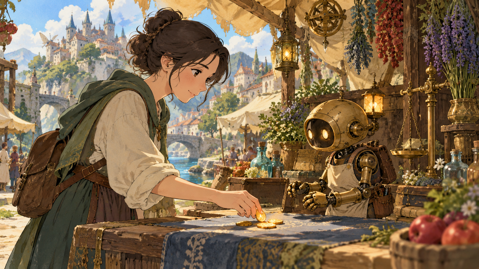 A person budgets glowing coins beside a mechanical assistant