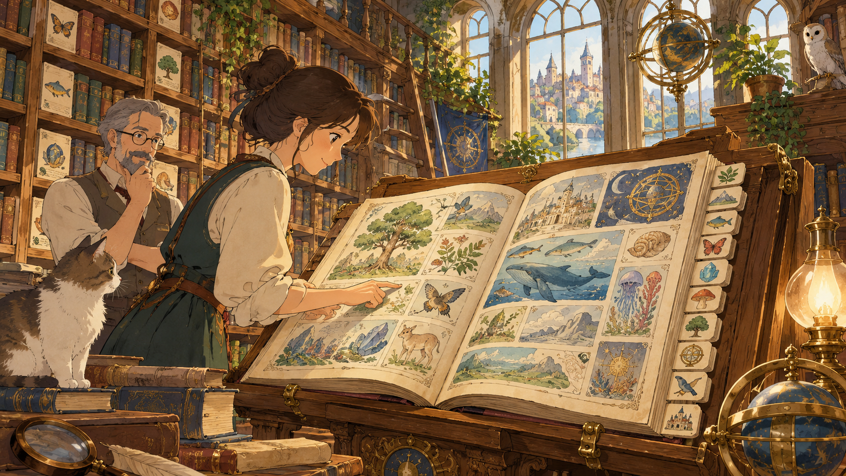 An illustrated dictionary rests on a library lectern