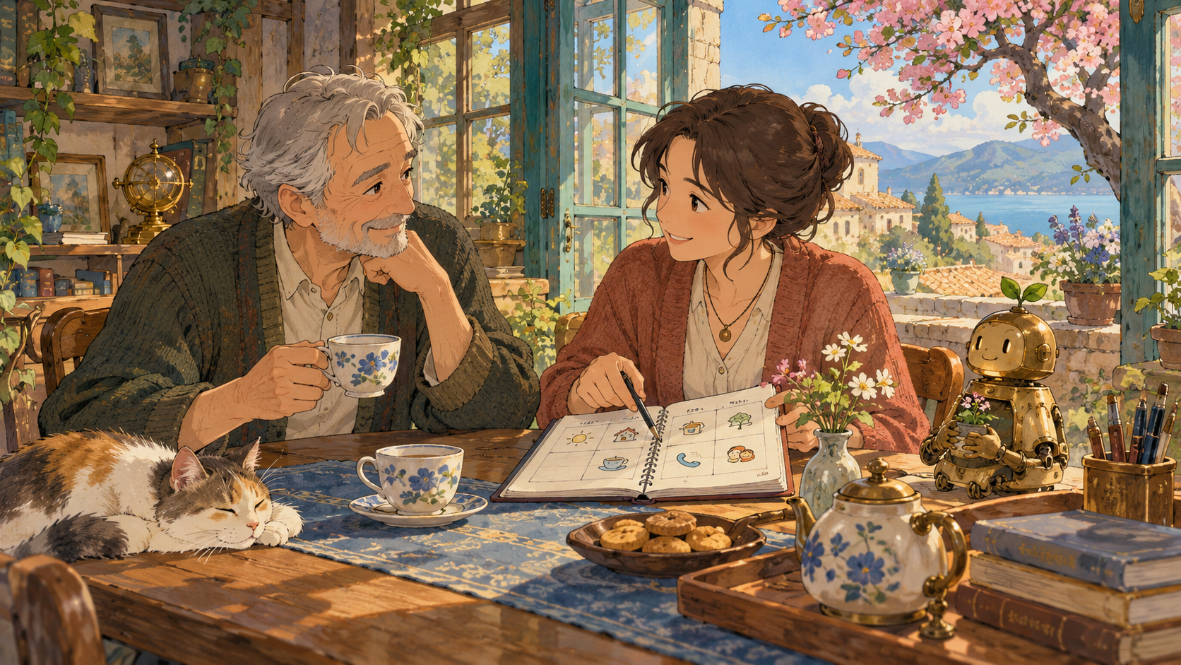 An older adult and trusted contact arrange a check-in over tea