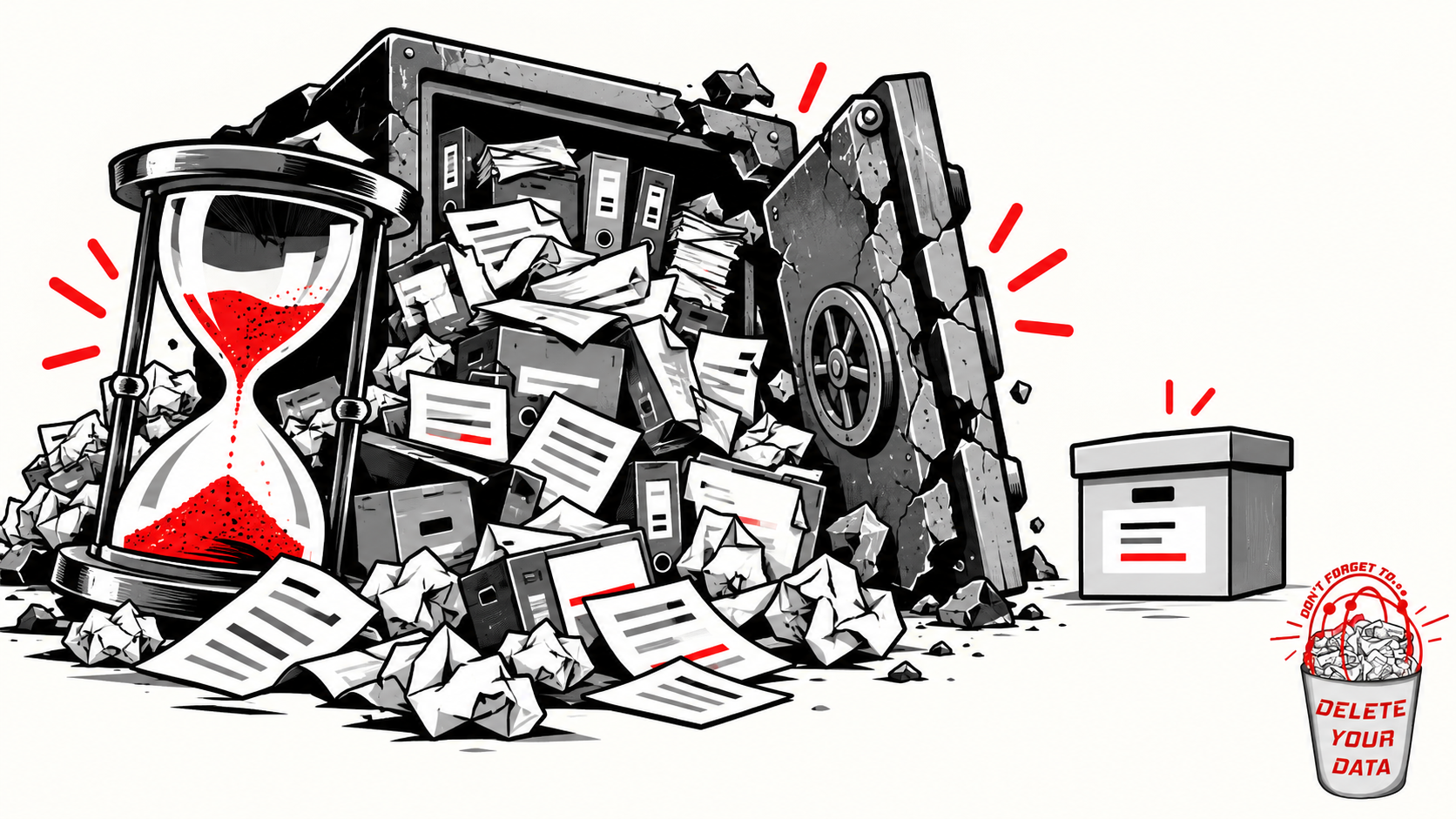 An overflowing archive contrasts with a smaller collection of retained records