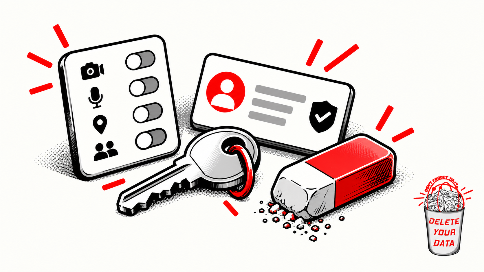 Privacy controls, an account card, a key, and an eraser form a practical toolkit
