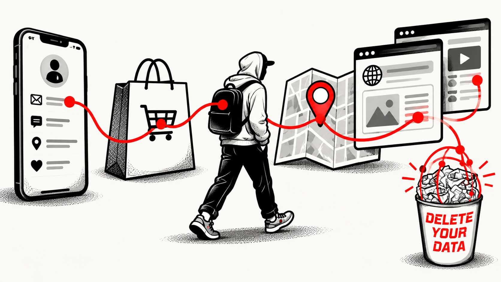 Devices, shopping, location, and browsing connected by red data trails