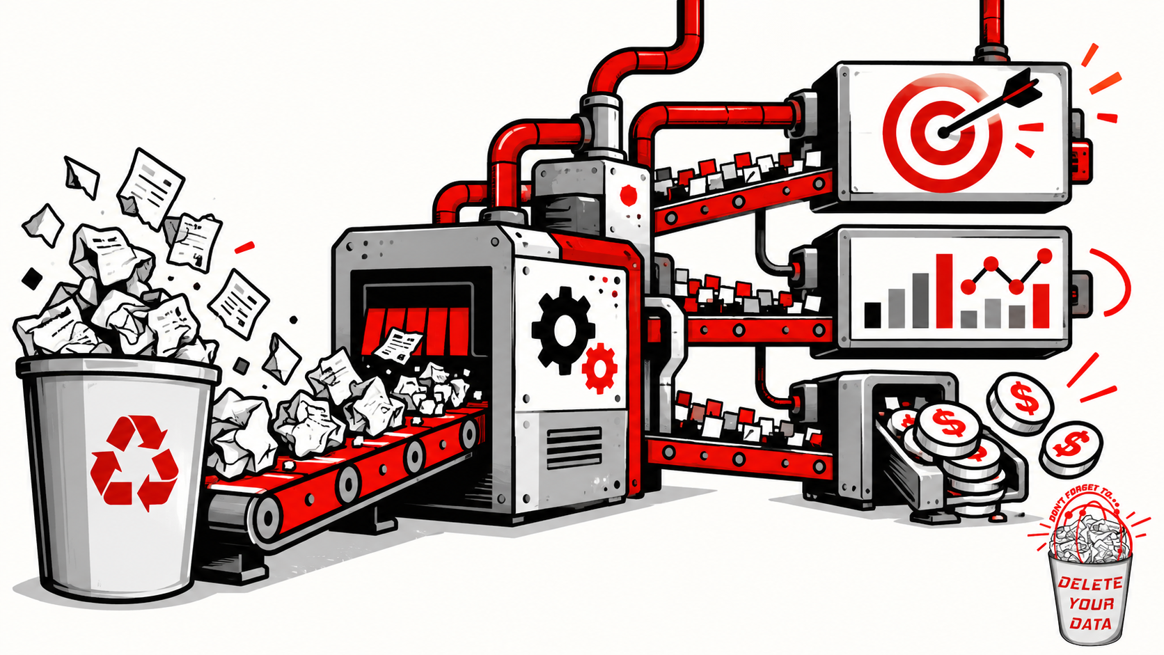A data factory turns collected records into predictions and commercial value