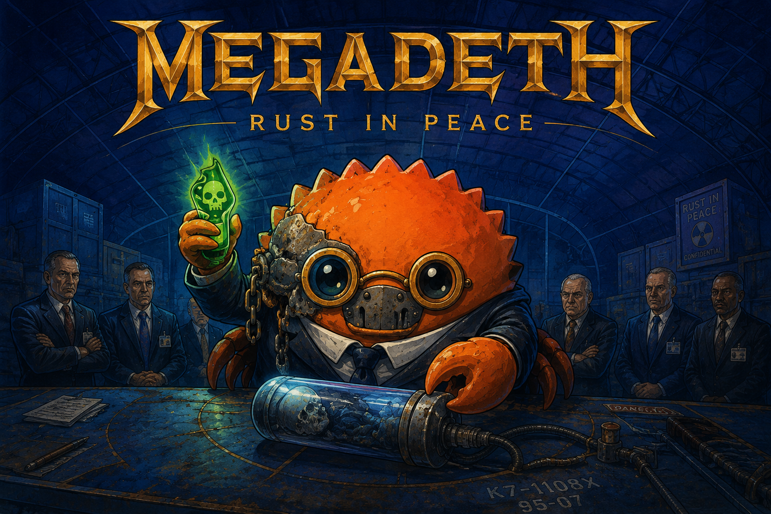 Ferris the Rust crab in goggles holds a glowing vial, Megadeth Rust in Peace parody