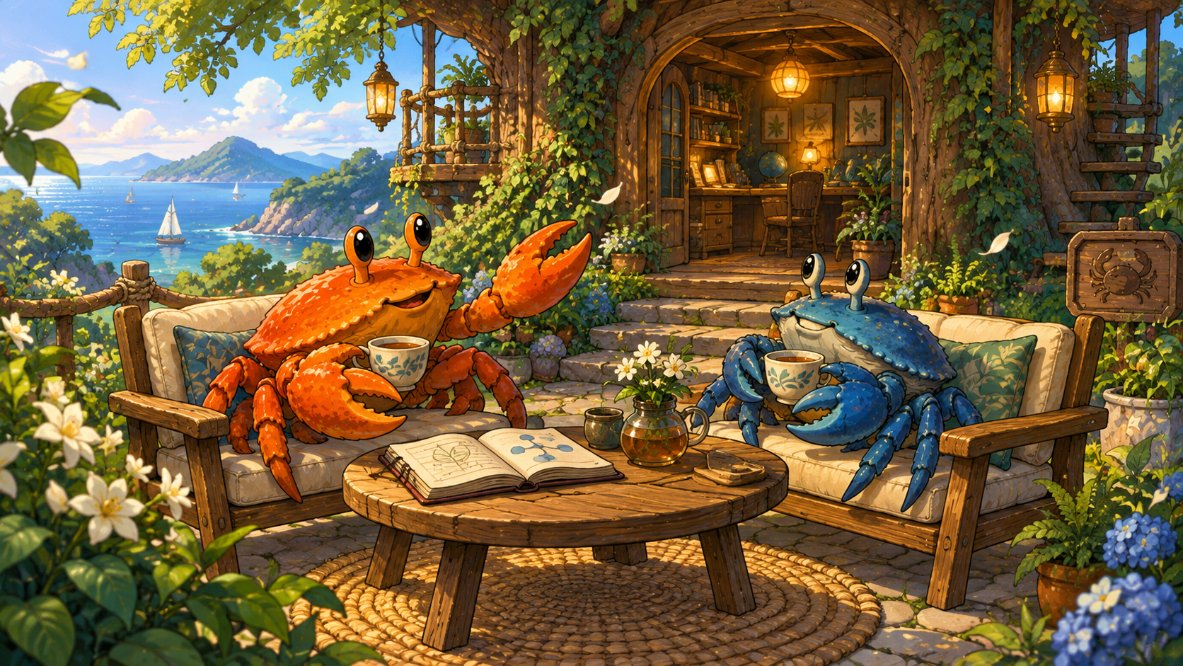 Ferris welcomes a visitor for tea outside a sunny treehouse office