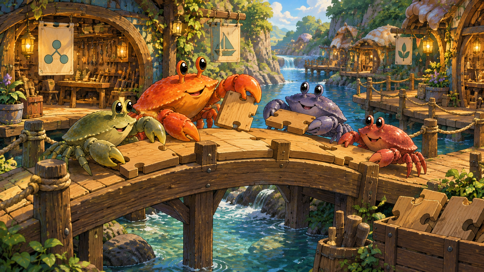 Ferris and fellow crabs build a bridge with matching pieces