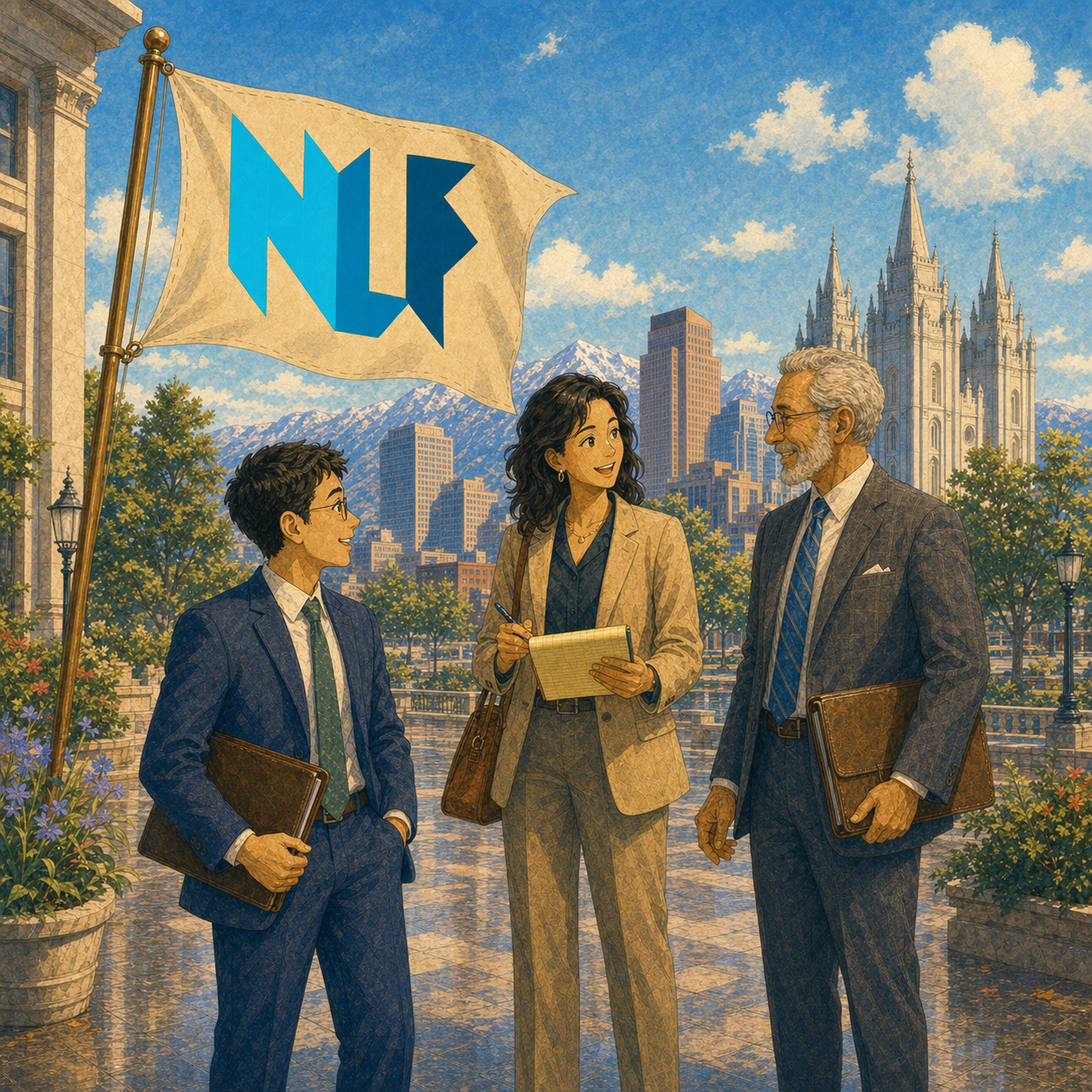 Lawyers gathered in Salt Lake City with a Neon Law Foundation flag