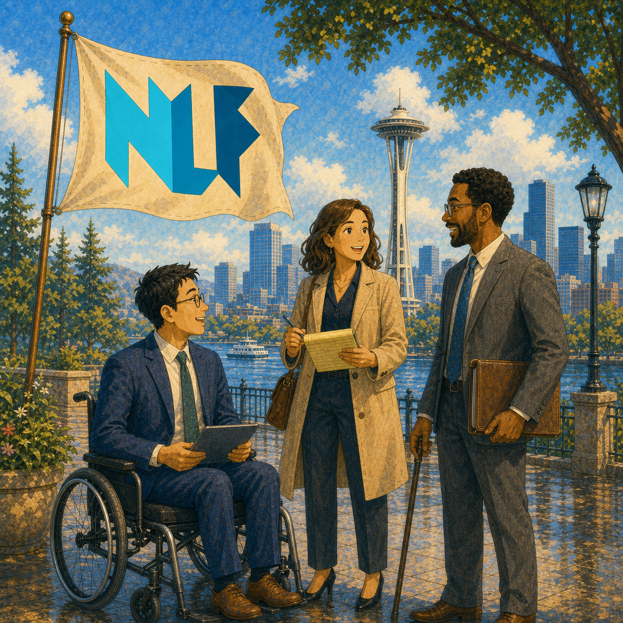 Lawyers gathered in Seattle with a Neon Law Foundation flag